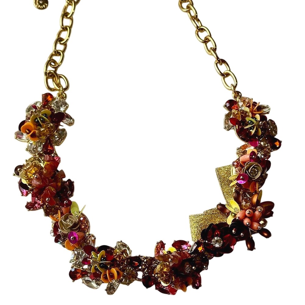 Talbots statement necklace floral beaded gold tone pink amber crystals vintage‎